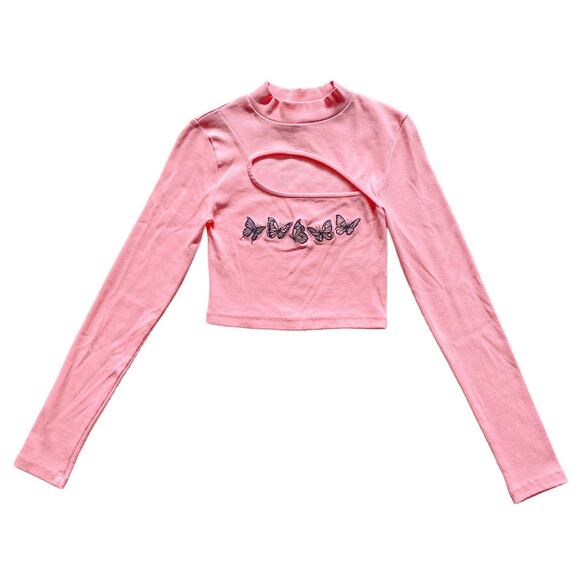 Urban Outfitters Pink Butterfly Cutout Top Embroidered Crop Top Y2K 2000s - Picture 1 of 8